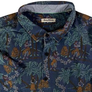 Tommy Bahama Mens 3XLB Silk Hula Girl Palm Tree Tropical Camp Shirt Navy Blue